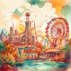 A Watercolor Bustling Amusement Park Generative Ai