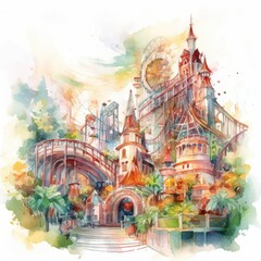 Fototapeta na wymiar A Watercolor Bustling Amusement Park Generative Ai
