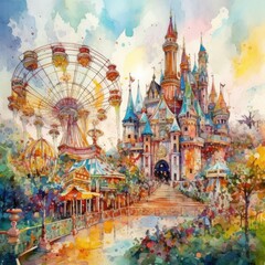 A Watercolor Bustling Amusement Park Generative Ai