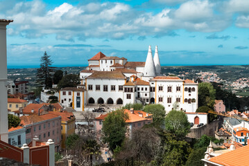 Sintra, Lisboa, Portugal. April 10, 2022: Panoramic landscape of the national palace of sintra and...