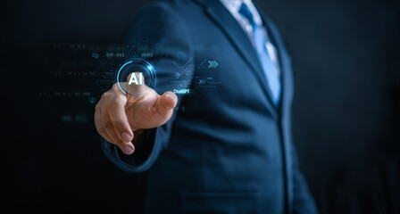 Businessman in suit touch AI icon on virtual screen. Artificial intelligence new application, chat GPT, futuristic concept.