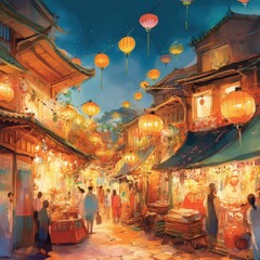 A Watercolor Bustling Night Market Generative Ai