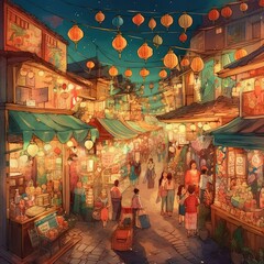 Fototapeta na wymiar A Watercolor Bustling Night Market Generative Ai