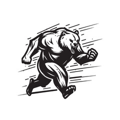 Angry running grizzly bear mascot. black white line art vector illustration