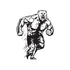Angry running grizzly bear mascot. black white line art vector illustration