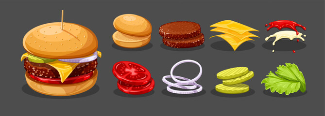 Hamburger with beef meat cutlet, cheese and splashing sauces on dark background. Burger ingredients set. Tomato, pickled cucumbers, onion rings in bun. Vector illustration