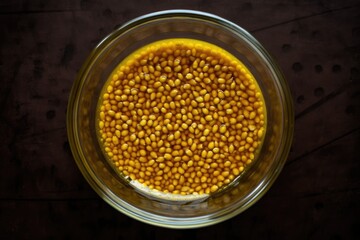 A glass bowl with frying oil inside, seen from above. Generative AI