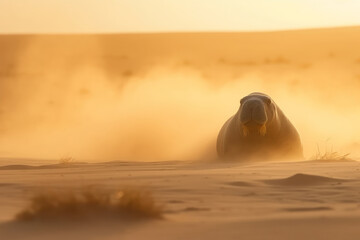 Fototapeta na wymiar The walrus in the middle of a desert sandstorm, a metaphor for the loneliness and helplessness of animals in the face of climate change and global warming,Generative AI