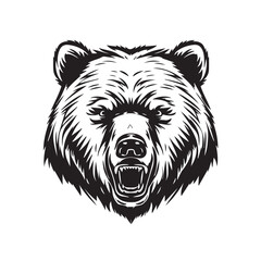 Angry face mascot of grizzly bear. black white line art vector illustration
