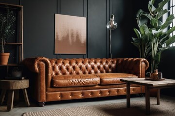 Brown leather sofa in a business setting. Generative AI