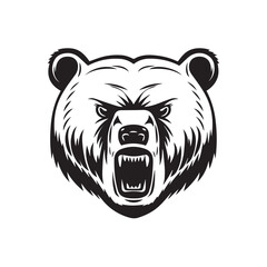 Angry face mascot of grizzly bear. black white line art vector illustration