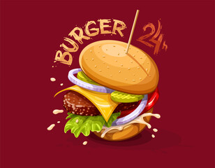 Hamburger with beef meat cutlet, cheese and splashing sauce isolated on red background. Burger tomato, pickled cucumbers, onion rings in bun. Cafe. Vector illustration