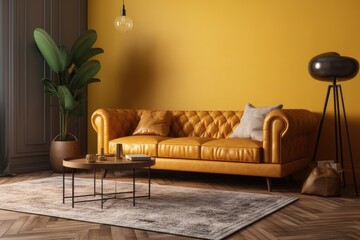 Interior of contemporary living room with wooden flooring and a yellow wall. Wall space for copies. Fur carpet, coffee table with vase and books, brown leather couch. Generative AI