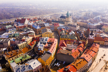 Aerial view of historic part of Lublin overlooking Catholic Archcathedral and Crown Tribunal in Old Town Market, Poland