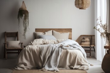 Fototapeta na wymiar Scandinavian bedroom with comfy bed and cushions. Warm room with plaids and wisker basket. home hygge. White bohemian curtains on bed. Generative AI