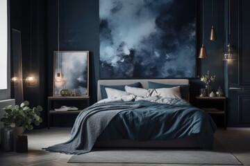 King size bed covered in a dark blue blanket in a grey bedroom. Generative AI
