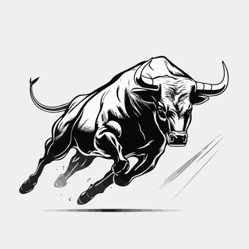 Mascot of running angry bull buffalo. black white line art vector illustration