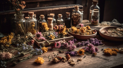 An assortment of flowers and herbs to make essential oils. Rustic health and wellness lifestyle image.