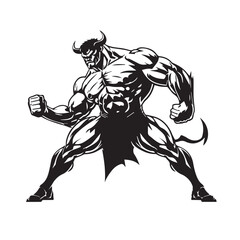 Fototapeta premium Mascot of cool angry bull buffalo devil human muscular body. black white line art vector illustration