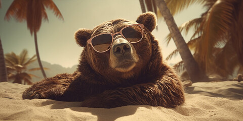 Very Cute Adorable Grizzly Bear In Sunglasses Enjoys The Sun On Beach Generative Ai Digital Illustration Part#050423