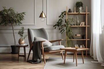 Interior of a living room with a comfortable gray leather armchair covered in plaid, a wooden coffee table with three sides, a floor lamp, and a white wall. Generative AI