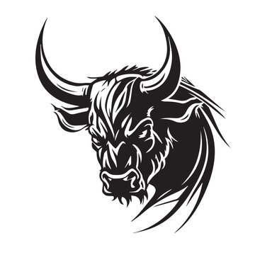 Angry head face mascot of bull buffalo portrait. black white line art vector illustration