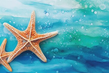 Fototapeta na wymiar illustration for Star fish, sea star on the blue turquoise watercolor wave summer background. Flat layout generative ai