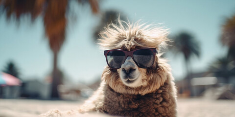 Very Cute Adorable Llama In Sunglasses Enjoys The Sun On Beach Generative Ai Digital Illustration Part#050423