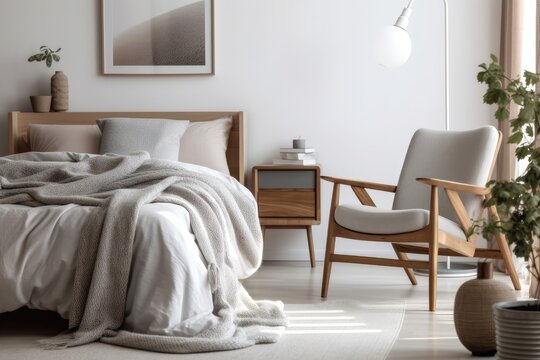 Wooden armchair with cushions and a blanket close to the bed in a white bedroom. actual picture. Generative AI