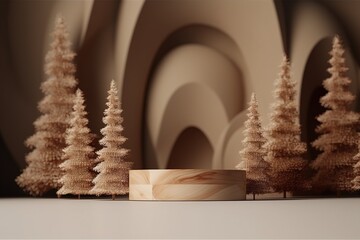 Obraz premium illustration for 3d podium display christmas tree background for product nature christmas beige backdrop with wood stand pedestal wooden realistic showcase brown studio abstract generative ai