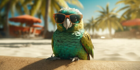 Very Cute Adorable Quetzal In Sunglasses Enjoys The Sun On Beach Generative Ai Digital Illustration Part#050423