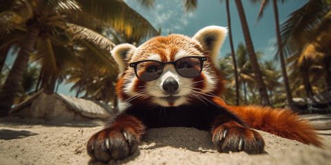 Very Cute Adorable Red Panda In Sunglasses Enjoys The Sun On Beach Generative Ai Digital Illustration Part#050423