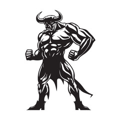 Fototapeta na wymiar Mascot of cool angry bull buffalo devil human muscular body. black white line art vector illustration
