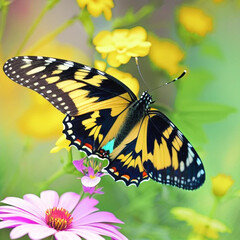 Papillon multicolore posé sur des fleurs