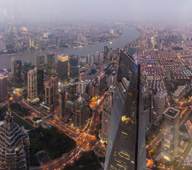 Aerial view of Shanghai skyscrapers with Huangpu river, China