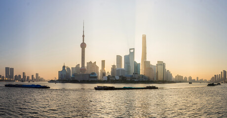 Fototapeta premium Sunrise view of Pudong in Shanghai skyline, China