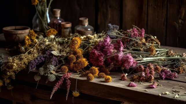 An assortment of flowers and herbs to make essential oils. Rustic health and wellness lifestyle image.