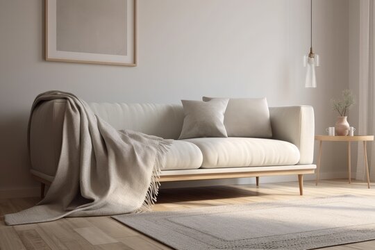 Wooden flooring and a contemporary, comfortable sofa. Front view and blank walls can be used as mockups for frames, prints, and other decor. Generative AI