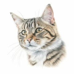 Naklejka na ściany i meble Tabby Cat Bust on White Background Pet Illustration [Generative AI]