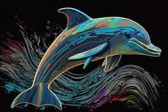Colorful Dolphin Pop Art Vector Style Only Black Background Generative Ai Digital Illustration Part#040423