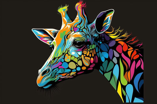Colorful Giraffe Pop Art Vector Style Only Black Background Generative Ai Digital Illustration Part#040423 © Cool Patterns