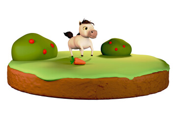 A horse runs through carrots on the grass.3d rendering