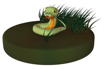 3D image of a green snake in the meadow.3d rendering