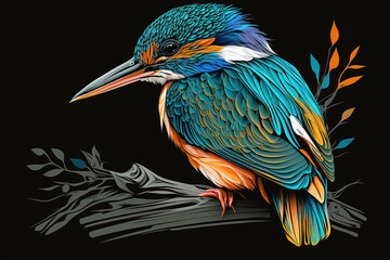 Colorful Kingfisher Pop Art Vector Style Only Black Background Generative Ai Digital Illustration Part#040423