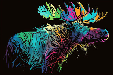 Colorful Moose Pop Art Vector Style Only Black Background Generative Ai Digital Illustration Part#040423