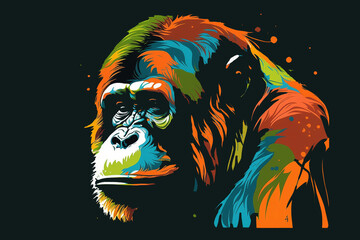 Colorful Orangutan Pop Art Vector Style Only Black Background Generative Ai Digital Illustration Part#040423