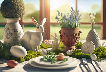 Easter symbols on the table, eggs, bunny, white borscht, boxwood and sunny day - obrazy, fototapety, plakaty
