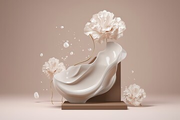 illustration for 3d beige pedestal podium with liquid brown splash swirl on studio background fluid flow with display showcase for beauty product cosmetics promotion white peony blossom abstract 