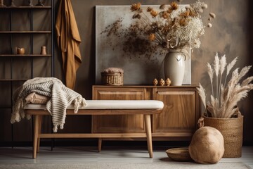 Design wooden seat, dried flowers in a vase, grunge wall, boxes, and attractive personal belongings are part of a stylish composition in the living room interior. Copy space. Generative AI