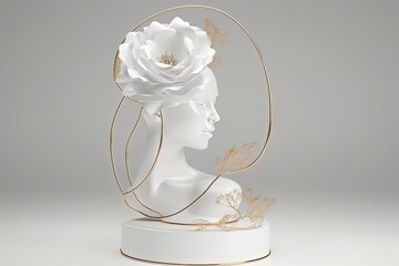 illustration for 3d podium display on white background luxury line art gold portrait of a woman with white rose flower pedestal showcase for beauty product and cosmetic presentation nature minimal 